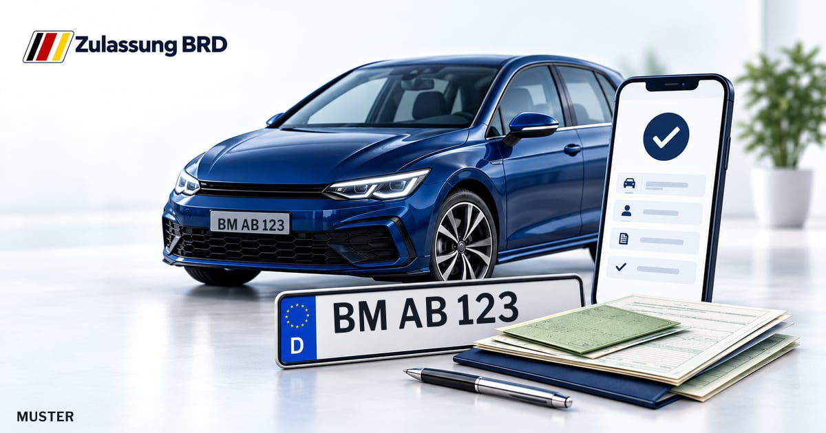 Online Fahrzeugzulassung in Bedburg: Musterkennzeichen BM AB 123, Auto und Fahrzeugpapiere und Smartphone. Illustration mit Logo von Zulassung BRD.